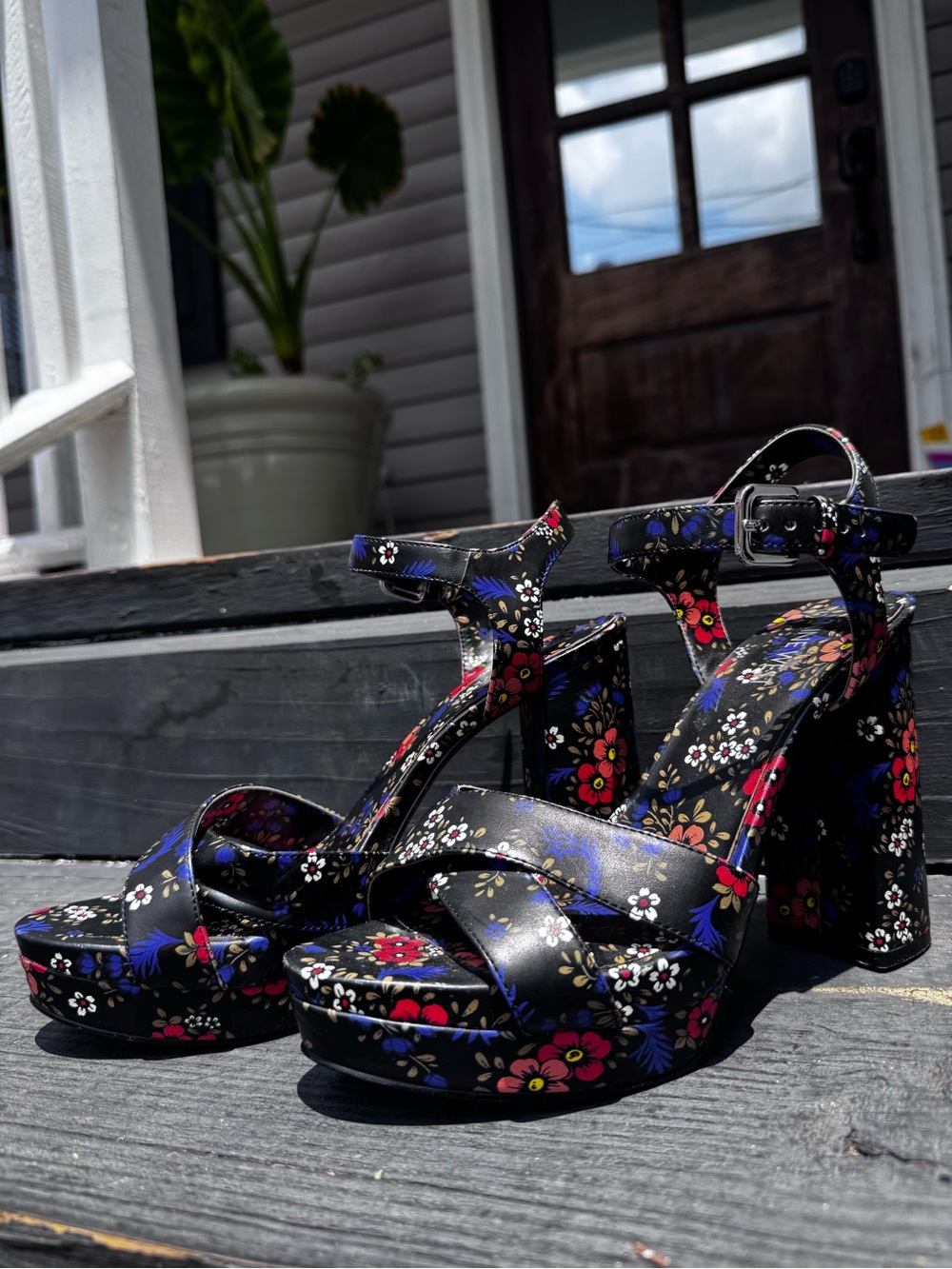 Nine West Black Floral Platform Block Heel Sandals